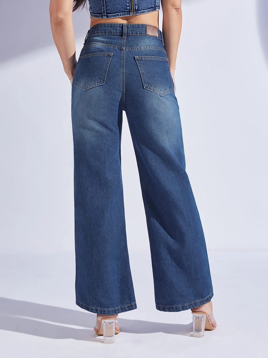 Women's Navy Blue Wide-Leg High-Rise Denim Jeans Daily Attire