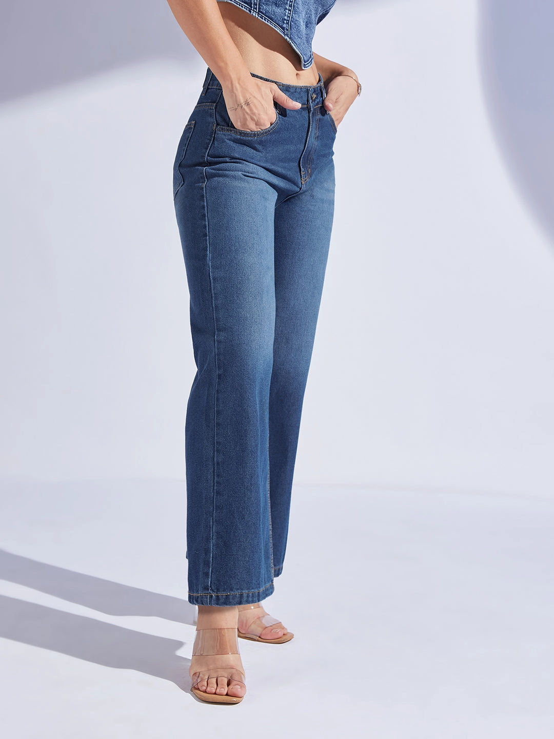 Active Outfit Women's Navy Blue Wide-Leg High-Rise Denim Jeans