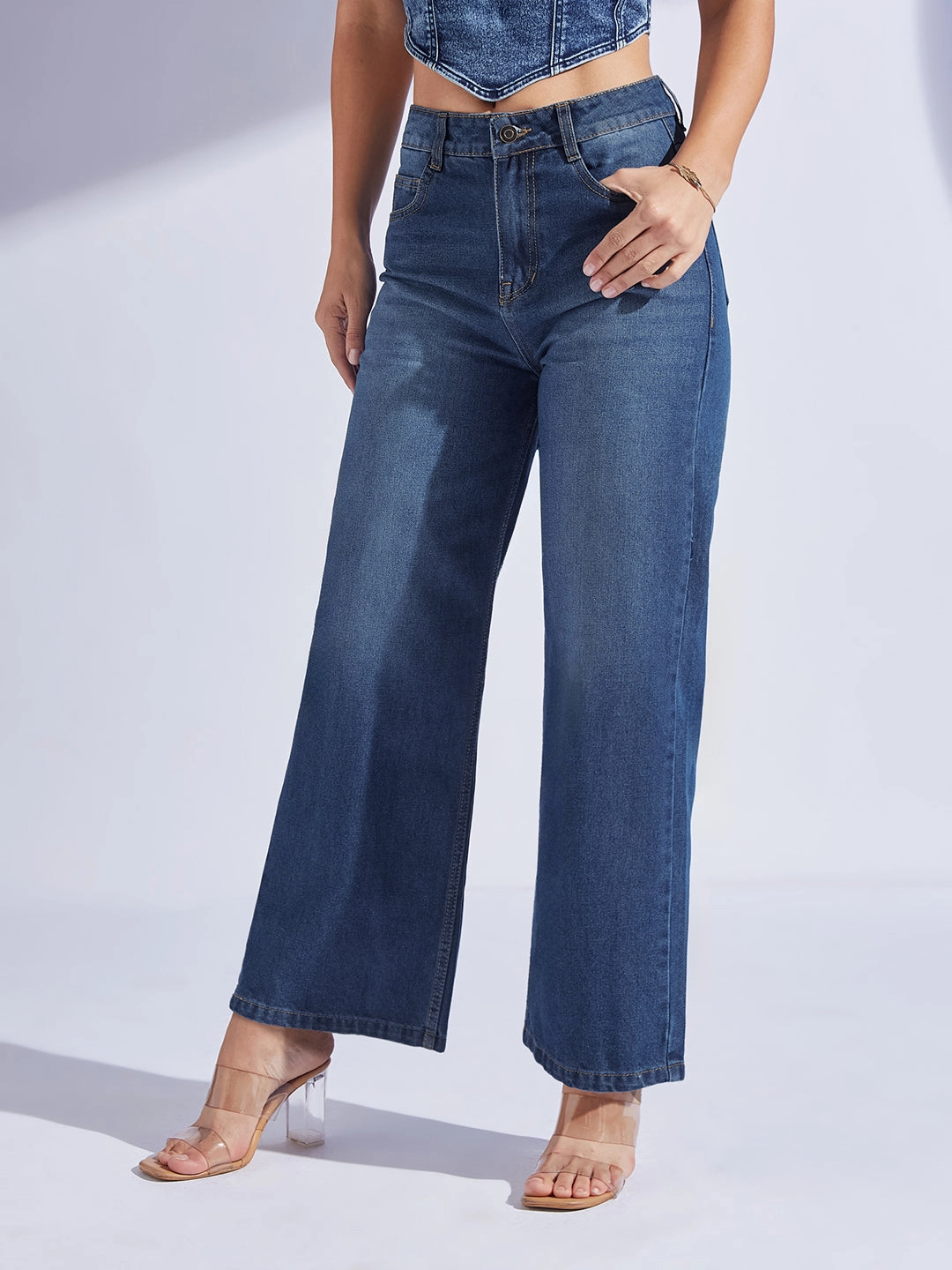 Casual Energy Women's Navy Blue Wide-Leg High-Rise Denim Jeans