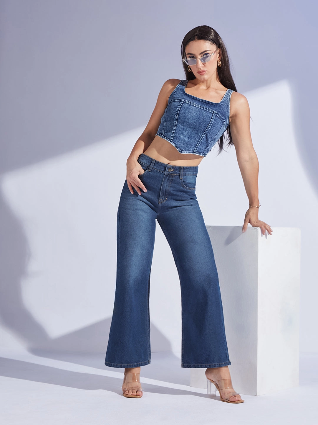 Neutral Casual Streetwear Fan Women's Navy Blue Wide-Leg High-Rise Denim Jeans