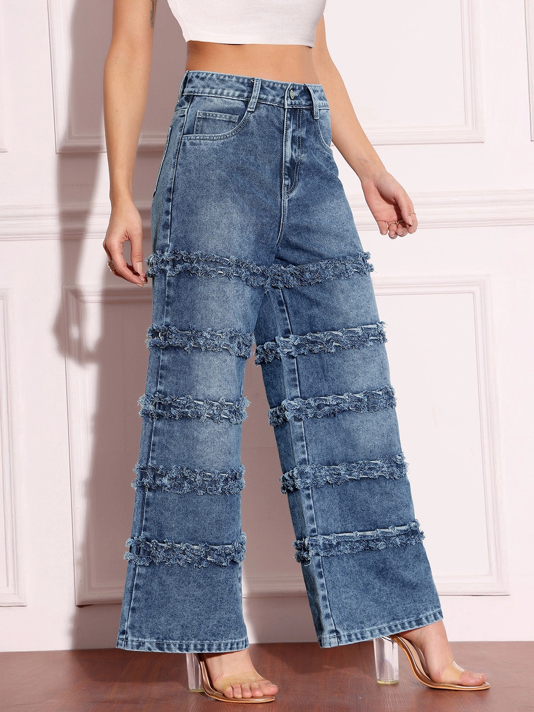 Women's Navy-Blue Wide-Leg High-Rise Highly-Distressed Regular-Length Denim Jeans slim fit