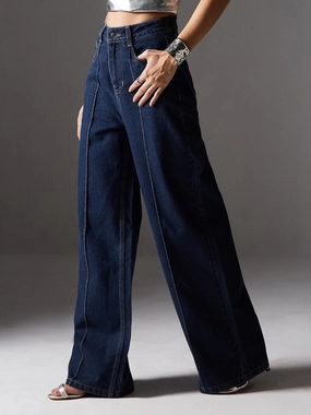 Teen Outfit Elegant Women's Navy-Blue Wide-Leg High-Rise Non-stretchable Denim Jeans