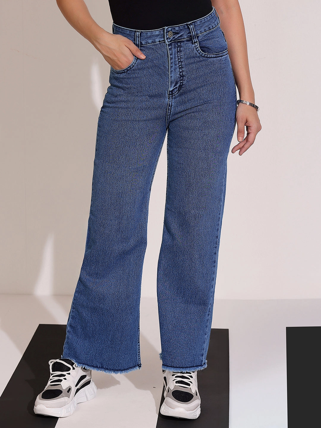 Premium Elegant Women's Navy-Blue Wide-Leg High Rise Regular-Length Stretchable Denim Jeans