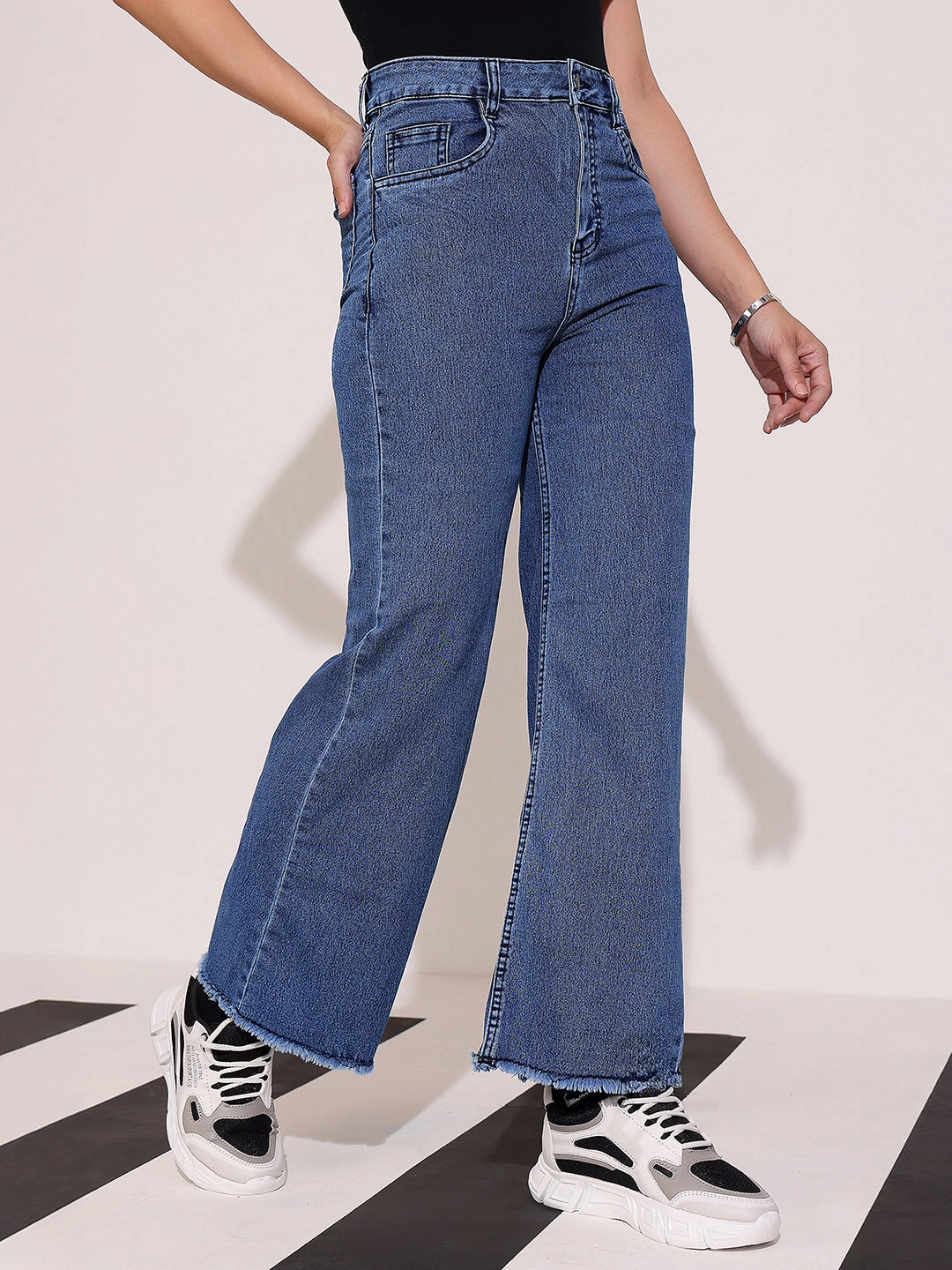 Minimalist Comfort Fit For Every Day Women's Navy-Blue Wide-Leg High Rise Regular-Length Stretchable Denim Jeans