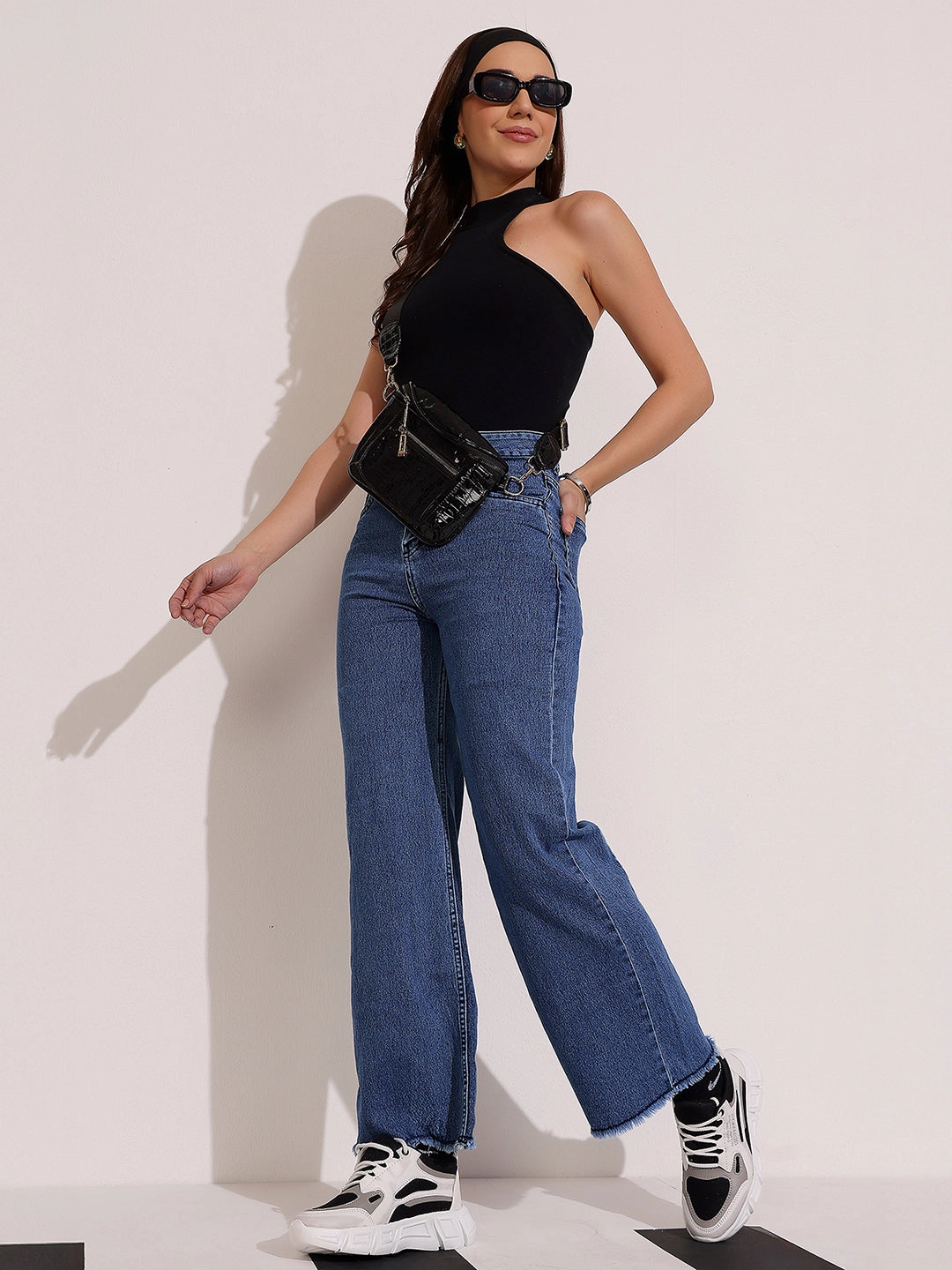 Women's Navy-Blue Wide-Leg High Rise Regular-Length Stretchable Denim Jeans Youth Style Road Trip Outdoor Enthusiast Everyday Fashion Lover