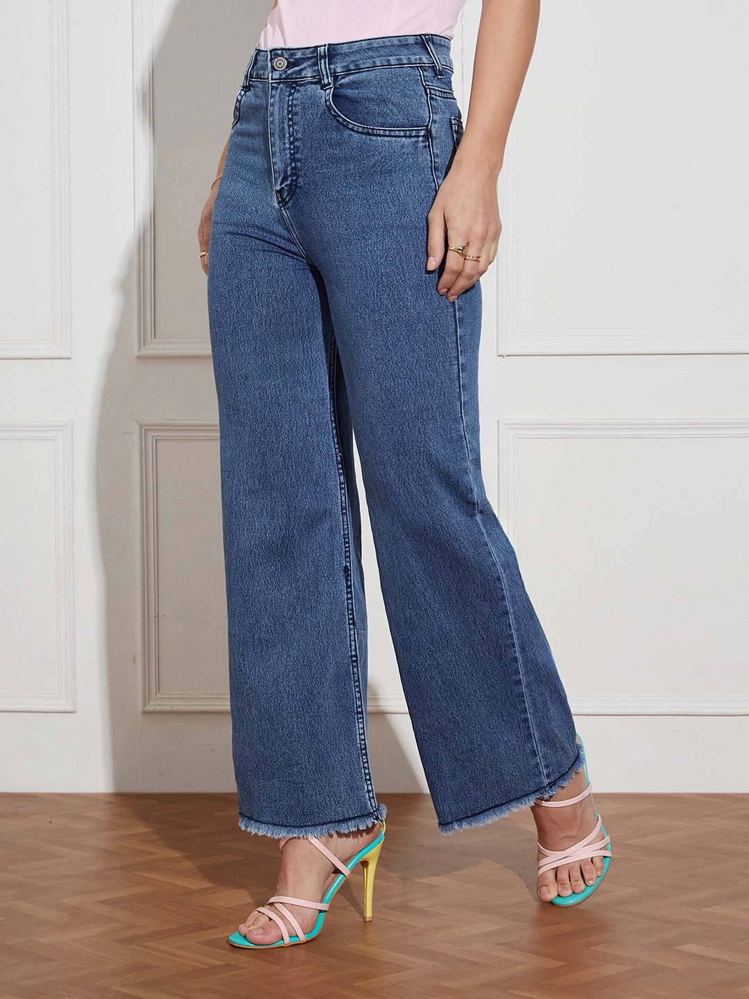 Street Smart Women's Navy-Blue Wide-Leg High Rise Regular-Length Stretchable Denim Jeans