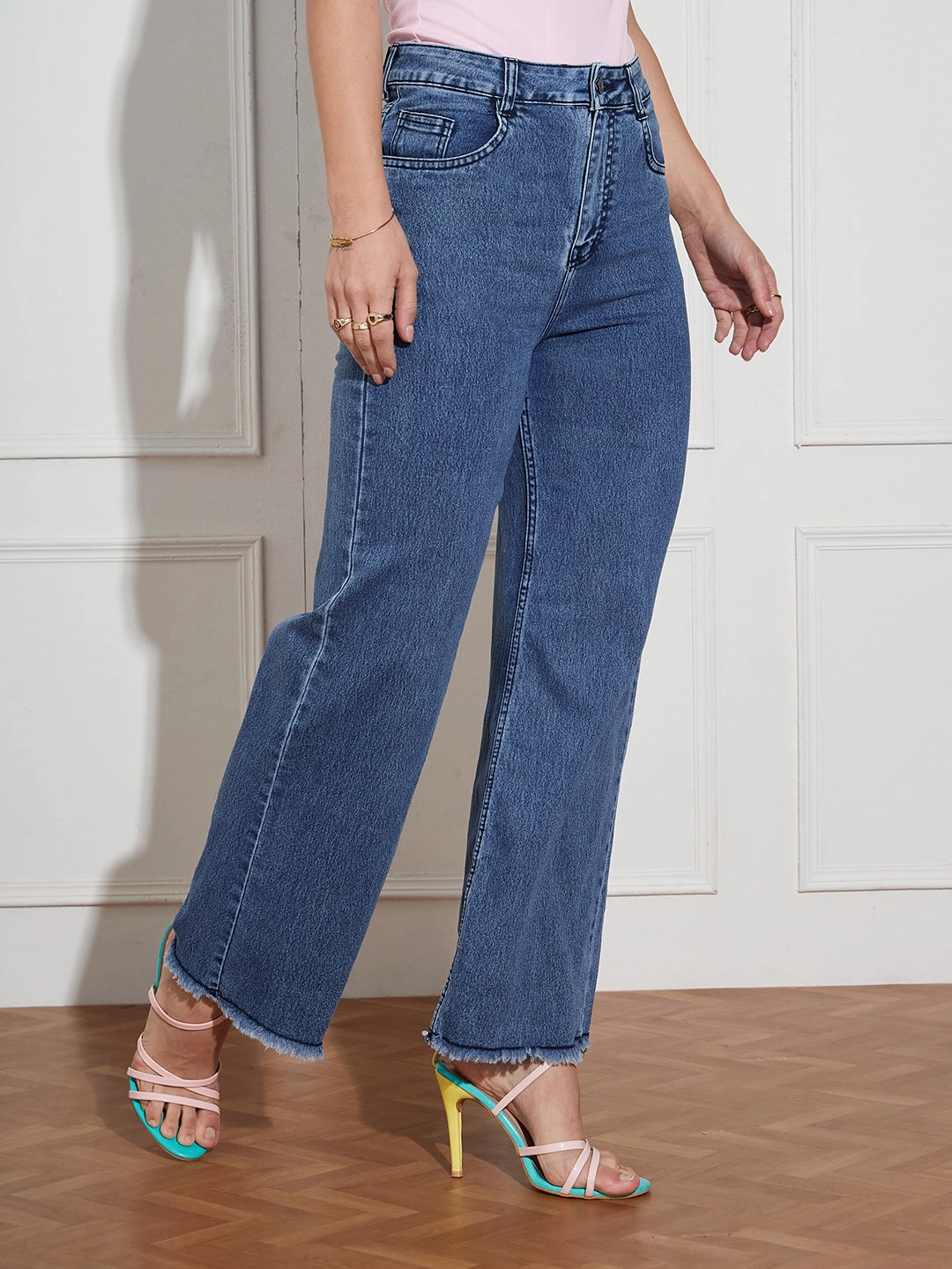 Soft Stretch Women's Navy-Blue Wide-Leg High Rise Regular-Length Stretchable Denim Jeans