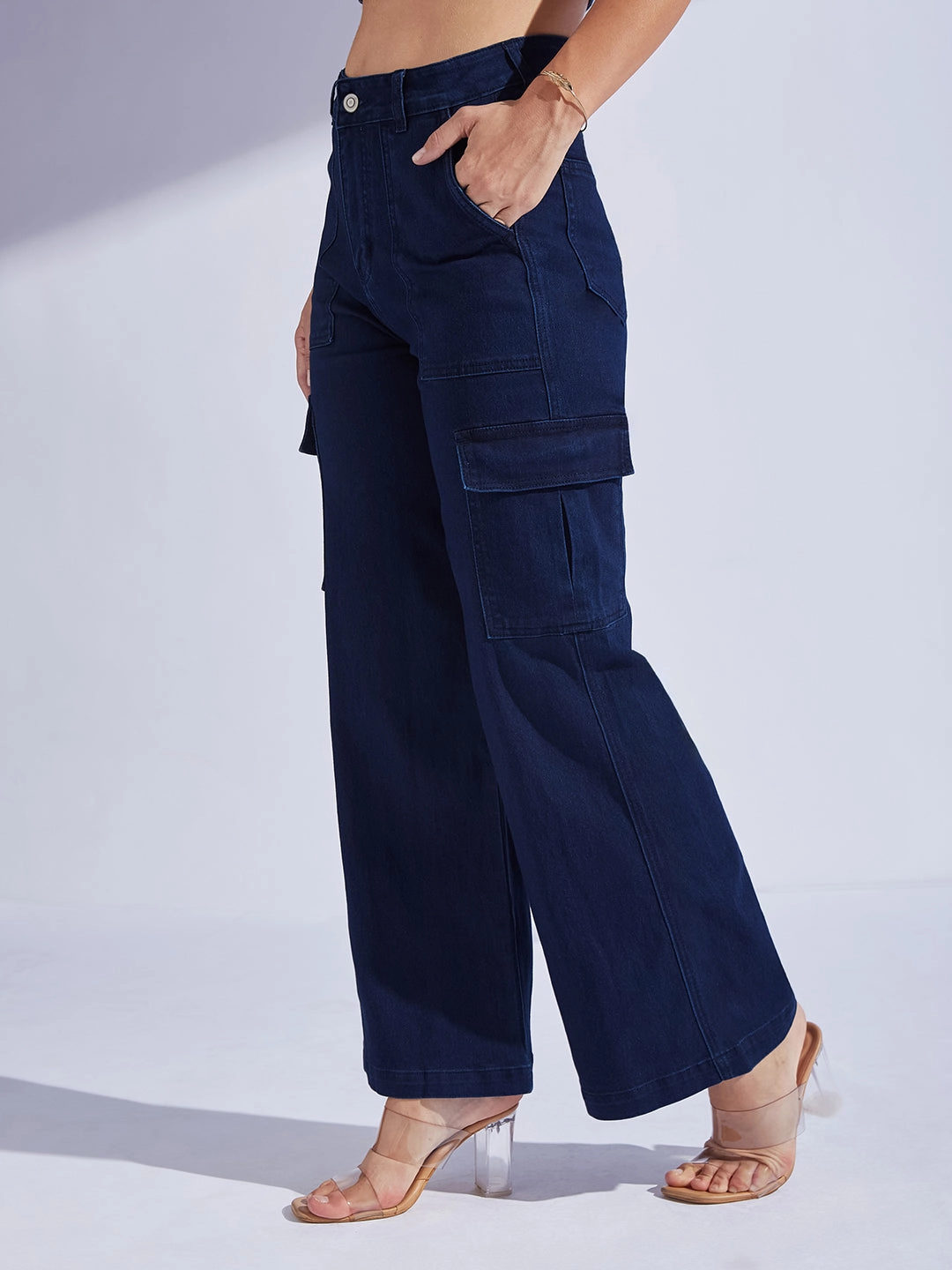 Women's Navy Blue Wide leg High-Rise Stretchable Denim Jeans Relaxed Mood Cool And Simple