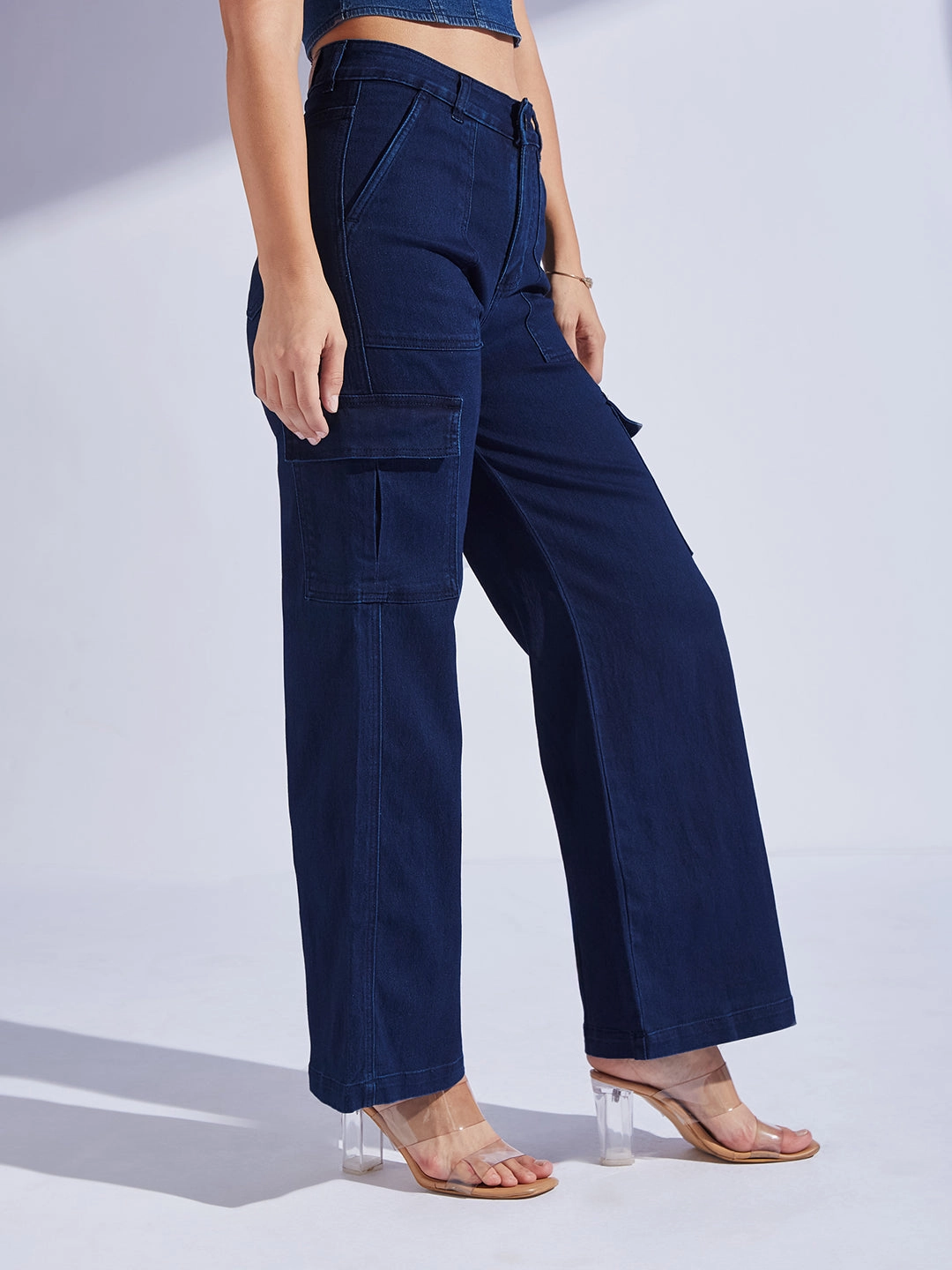 Elegant Party Look Winter Warmth Women's Navy Blue Wide leg High-Rise Stretchable Denim Jeans