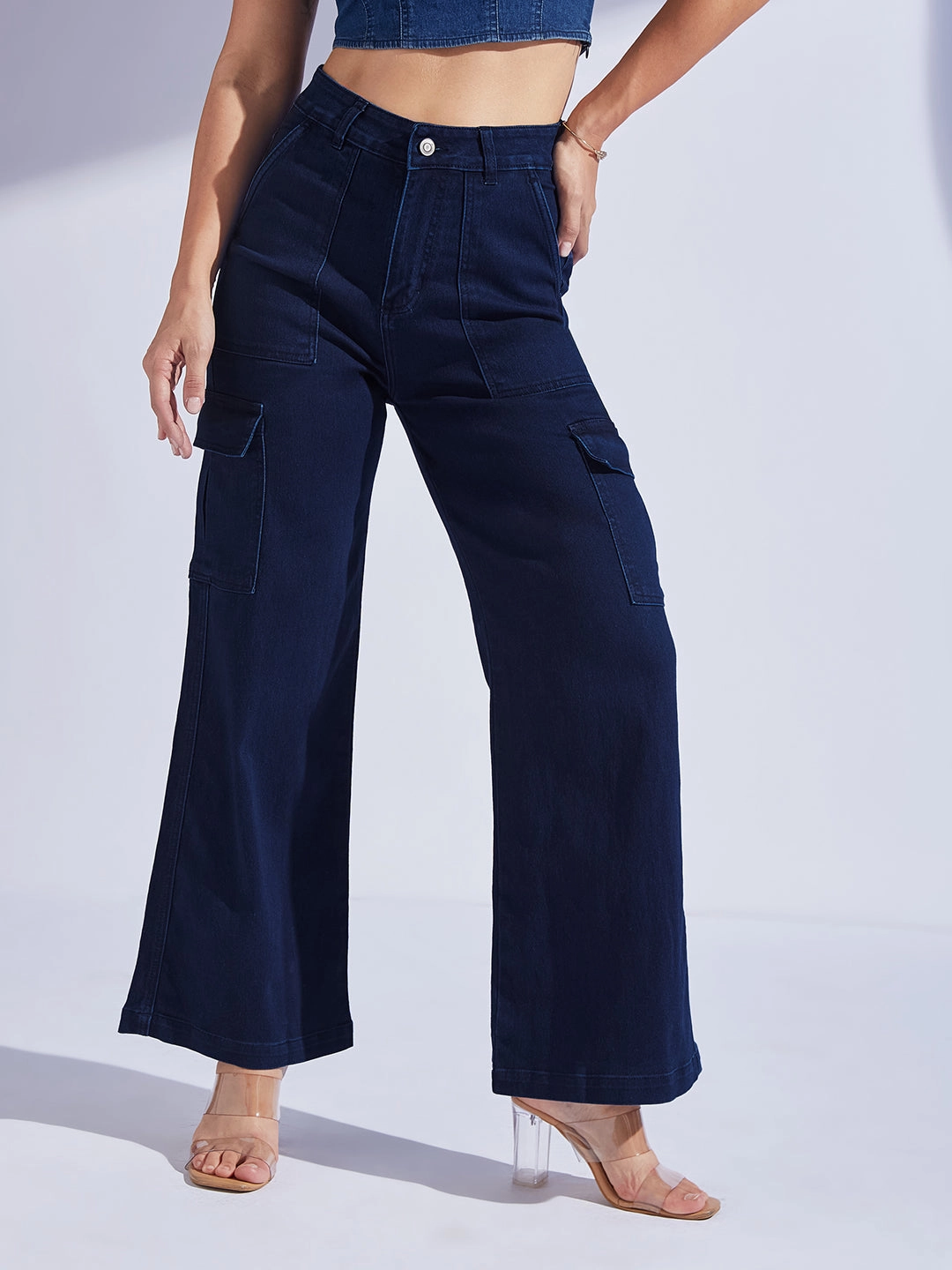 Circular Knit Construction Lightweight Urban Explorer Women's Navy Blue Wide leg High-Rise Stretchable Denim Jeans