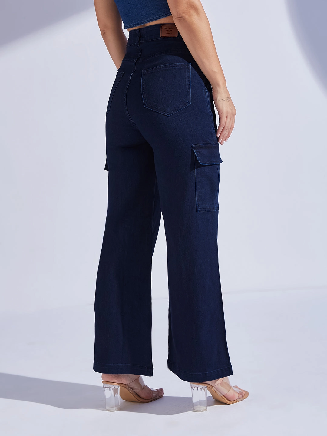 Circular Knit Construction Textured Party Look Soft Women's Navy Blue Wide leg High-Rise Stretchable Denim Jeans