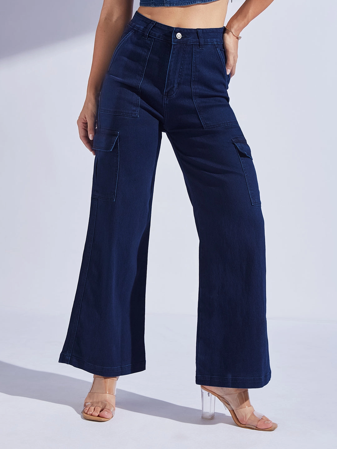 Evening Stroll Comfy Casual Design Women's Navy Blue Wide leg High-Rise Stretchable Denim Jeans
