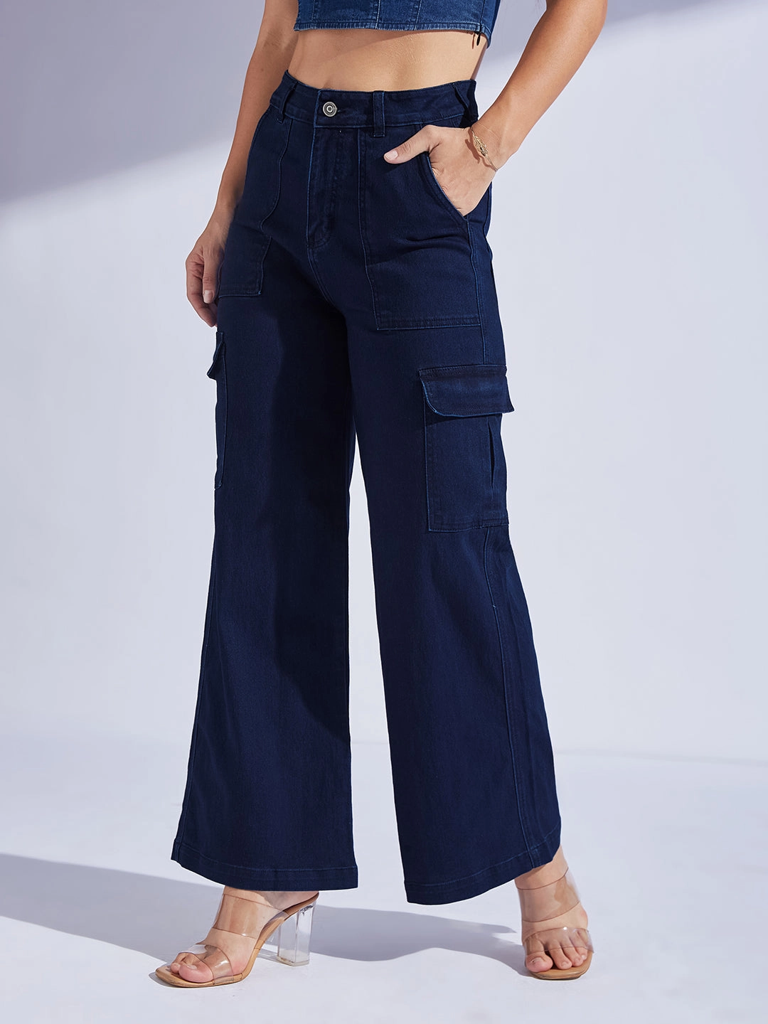 Sleek Shape Women's Navy Blue Wide leg High-Rise Stretchable Denim Jeans