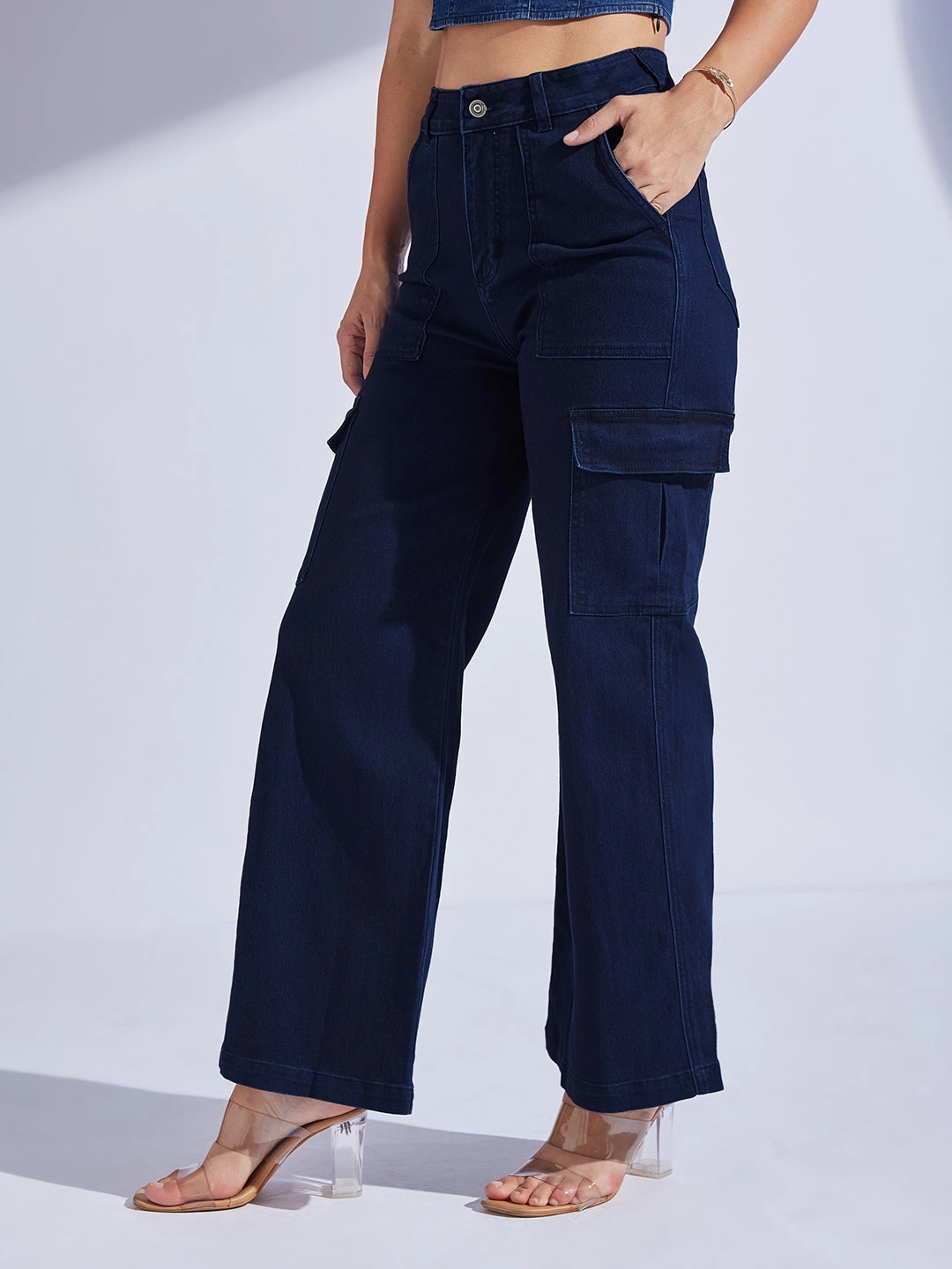 Chill Friendly Weekend Style Stretch Bold Look Women's Navy Blue Wide leg High-Rise Stretchable Denim Jeans