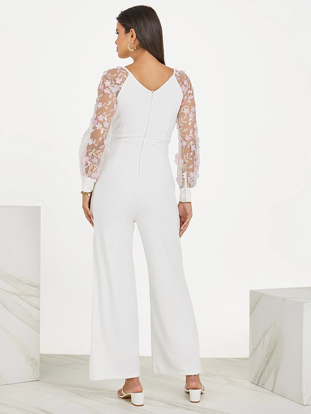 Women's Off White Floral Keyhole Neck Bishop Sleeves Side Pocketed Polyester Back Tie-Up Regular-Length Jumpsuit Event Favorite