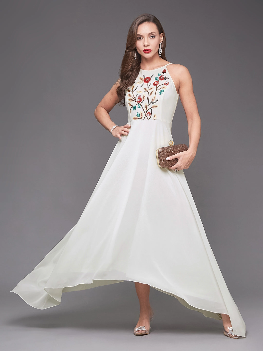 Artistic Vibe Women's Off White Halter Neck Sleeveless Solid Embellished Maxi Dress