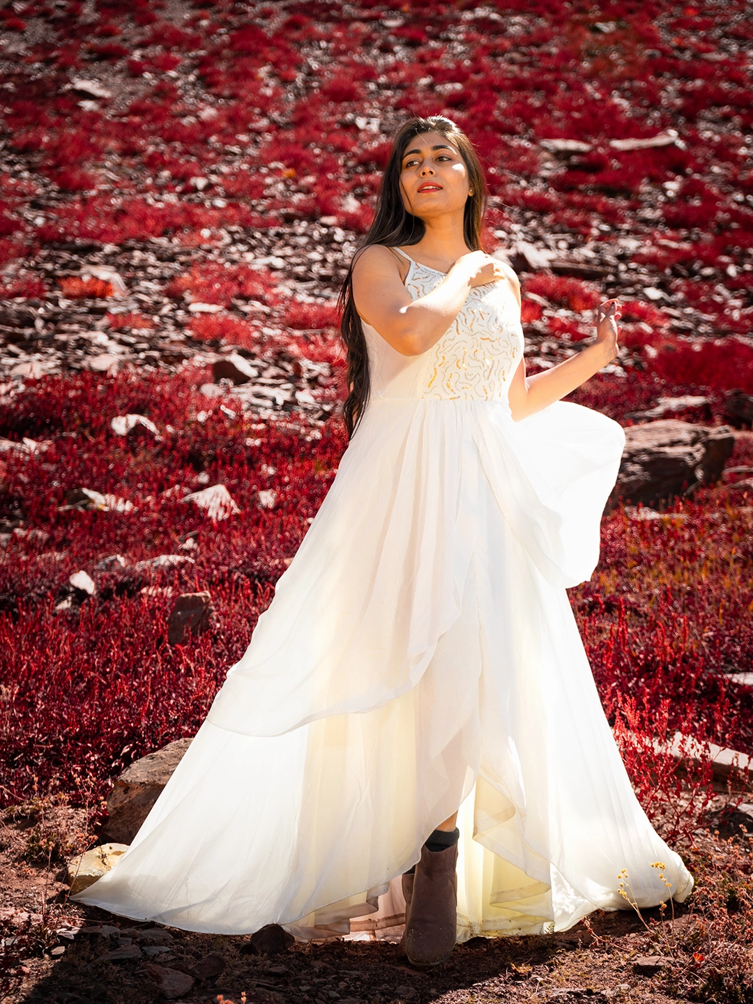 Women's Off White Round Neck Sleeveless Solid Sequined Embroidery Maxi Dress Playful touch