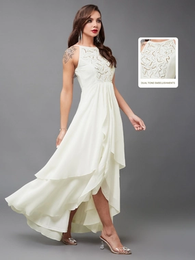 Beauty Feel Women's Off White Round Neck Sleeveless Solid Sequined Embroidery Maxi Dress