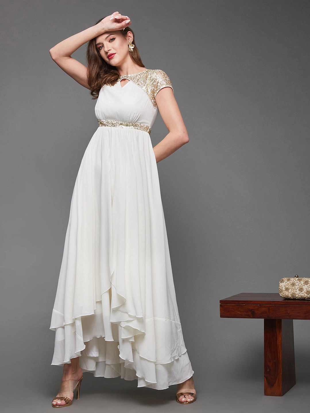 Women's Off White Short Sleeve Sequin Party Georgette Maxi Dress Everyday Comfort