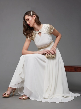 Women's Off White Short Sleeve Sequin Party Georgette Maxi Dress Soft cotton blend dress