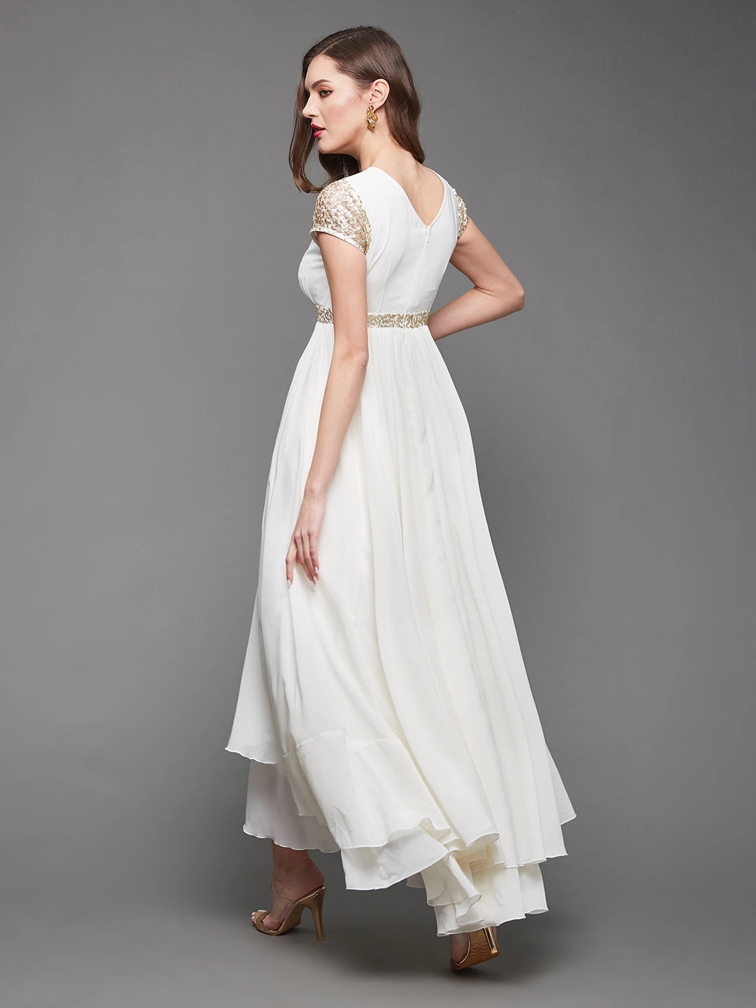 Women's Off White Short Sleeve Sequin Party Georgette Maxi Dress Dark Tones