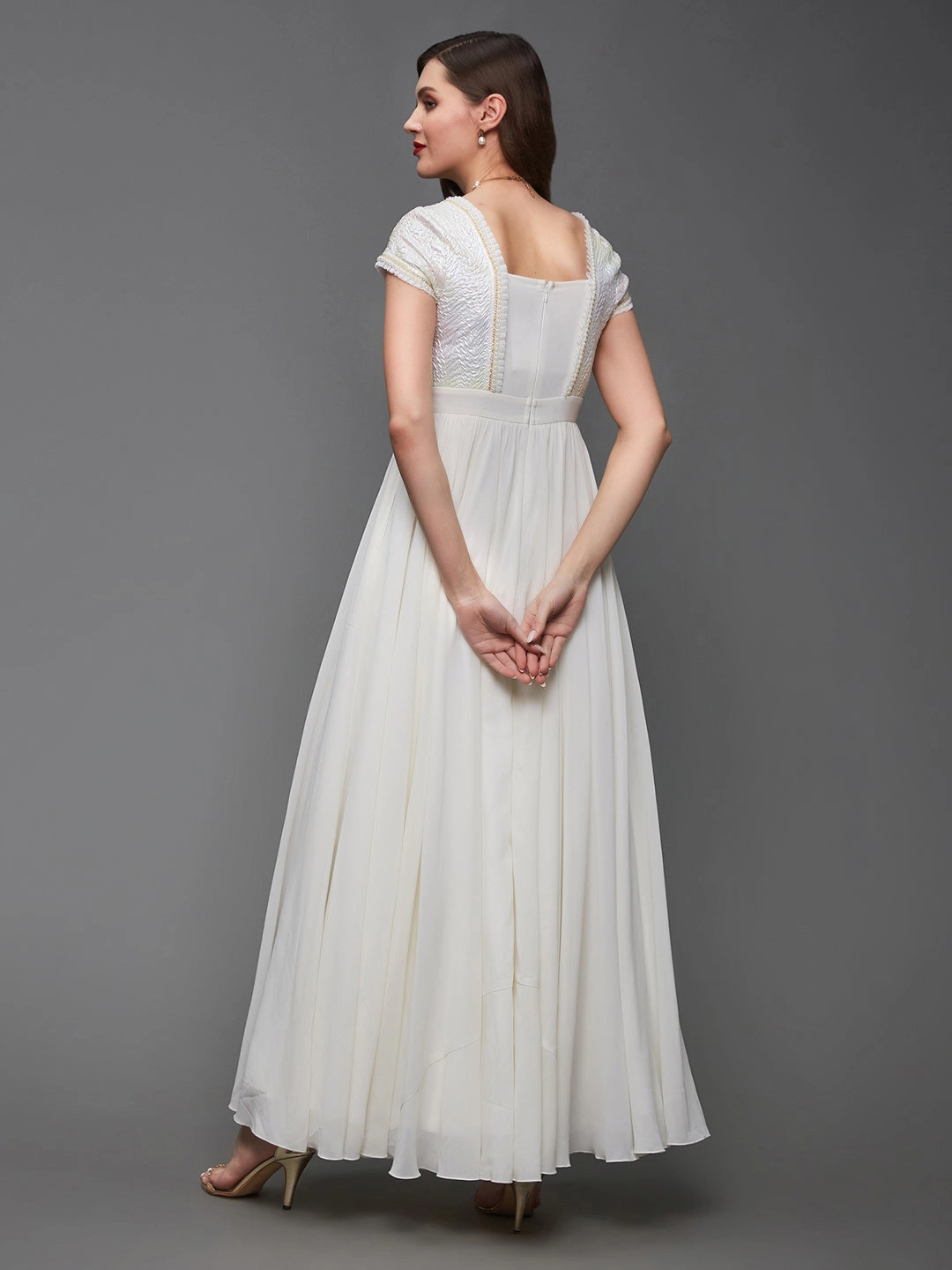 Relaxed Mood Women's Off White Square Neck Frilled Self Designed Panelled Georgette Maxi Dress