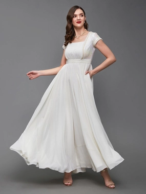 Festival Mood Women's Off White Square Neck Frilled Self Designed Panelled Georgette Maxi Dress