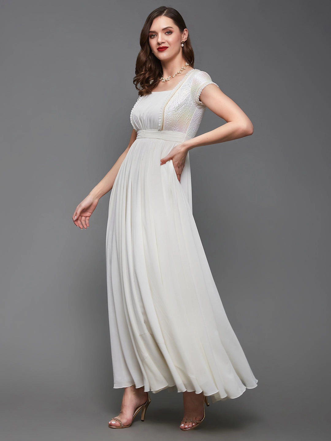 Women's Off White Square Neck Frilled Self Designed Panelled Georgette Maxi Dress Warm-Layer