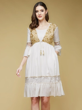 Stylish Touch Women's Off-White Square Neck Ruffled Sleeve Viscose Rayon Embroidered Jacket Paneled Midi Dress