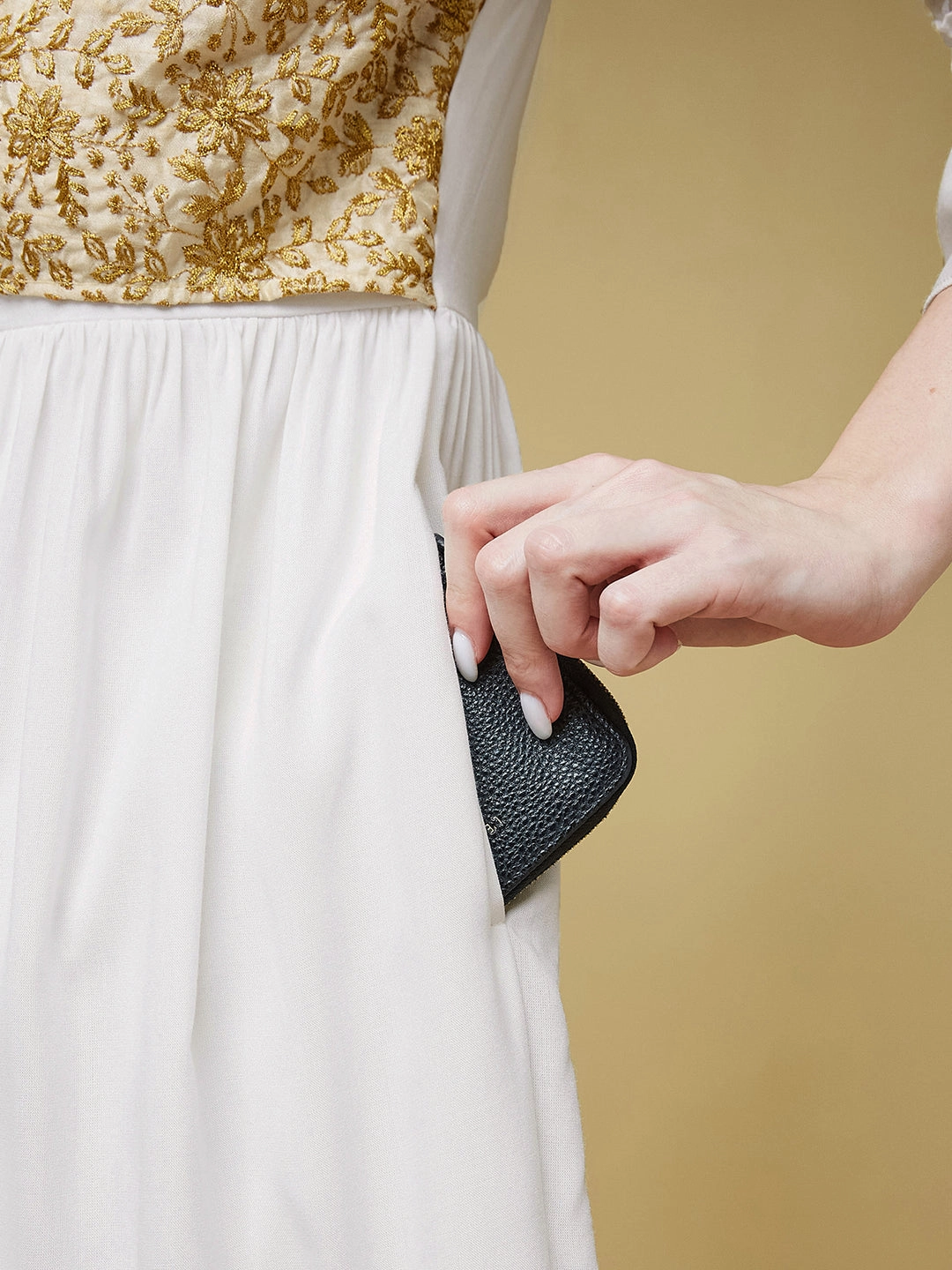 Women's Off-White Square Neck Ruffled Sleeve Viscose Rayon Embroidered Jacket Paneled Midi Dress Layer Safe