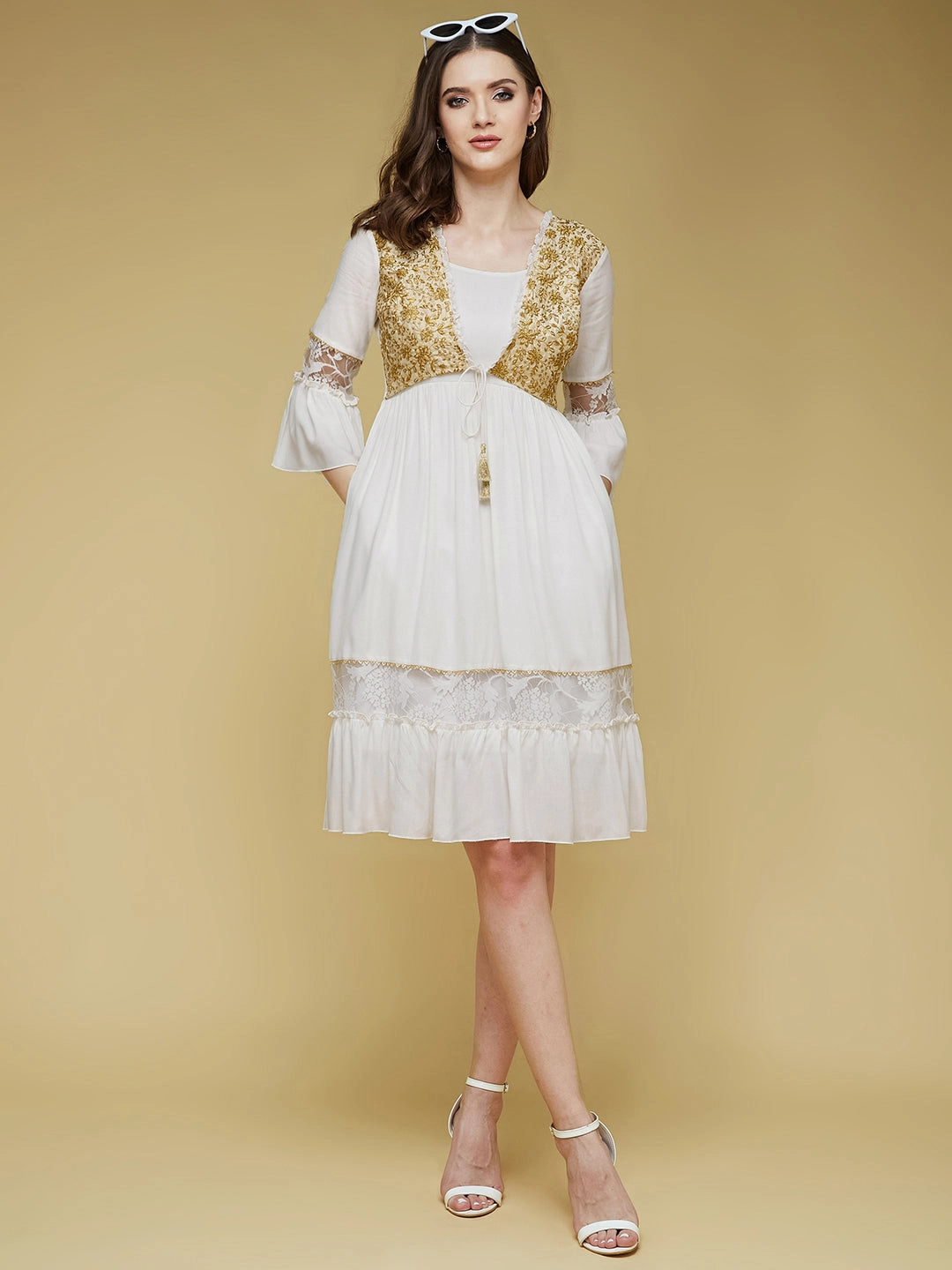 Women's Off-White Square Neck Ruffled Sleeve Viscose Rayon Embroidered Jacket Paneled Midi Dress Statement-Buttons