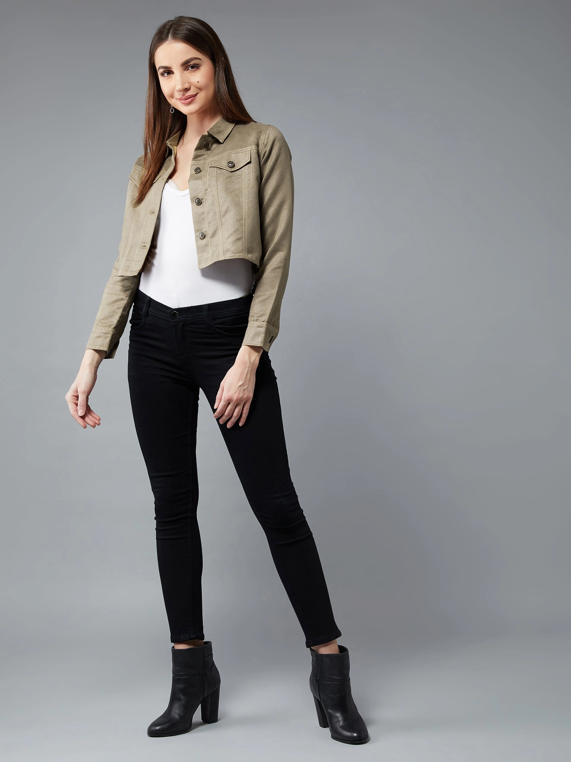 Women's Olive Green Collared Full Sleeves Paneled Cropped Jacket Timeless Piece
