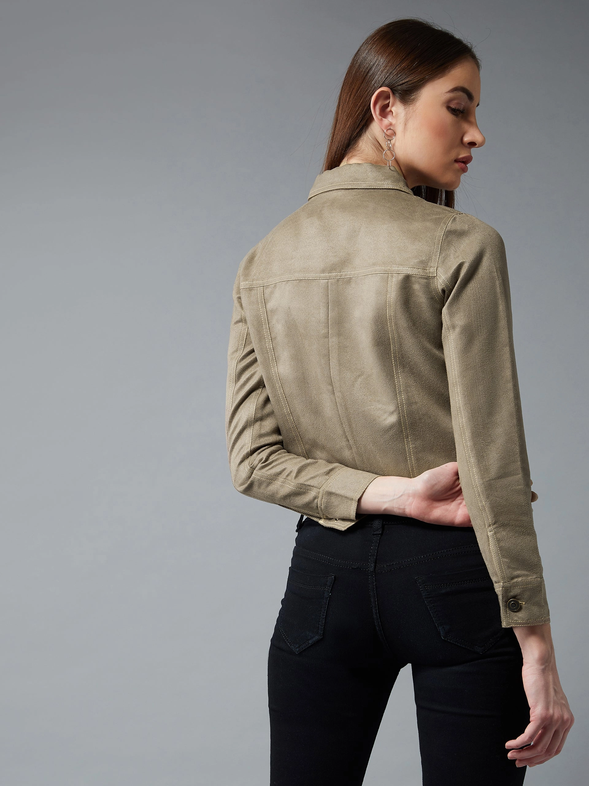 Women's Olive Green Collared Full Sleeves Paneled Cropped Jacket WaterRepellentFabric One Color