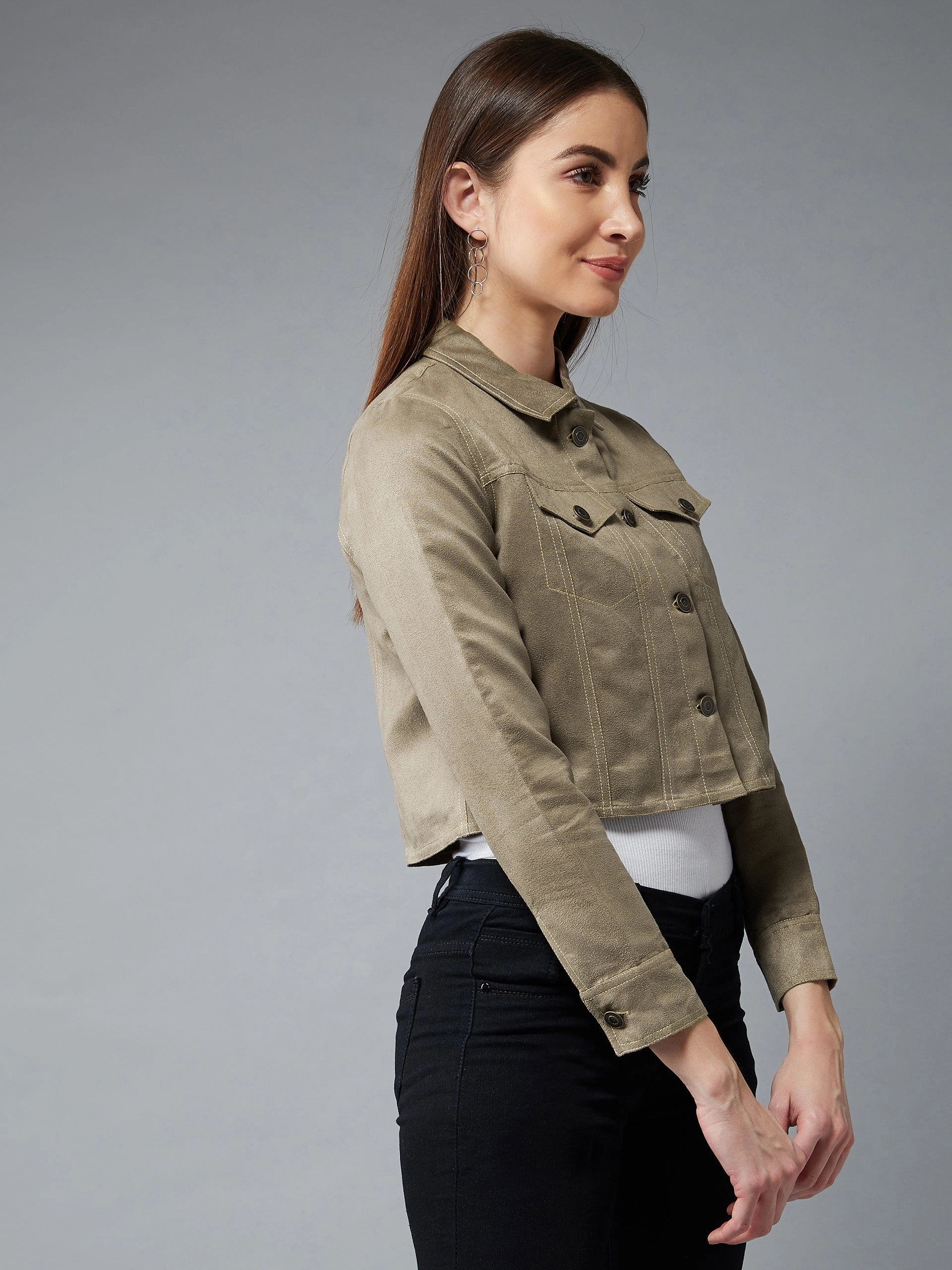Women's Olive Green Collared Full Sleeves Paneled Cropped Jacket anti slip grip Hidden Zipper