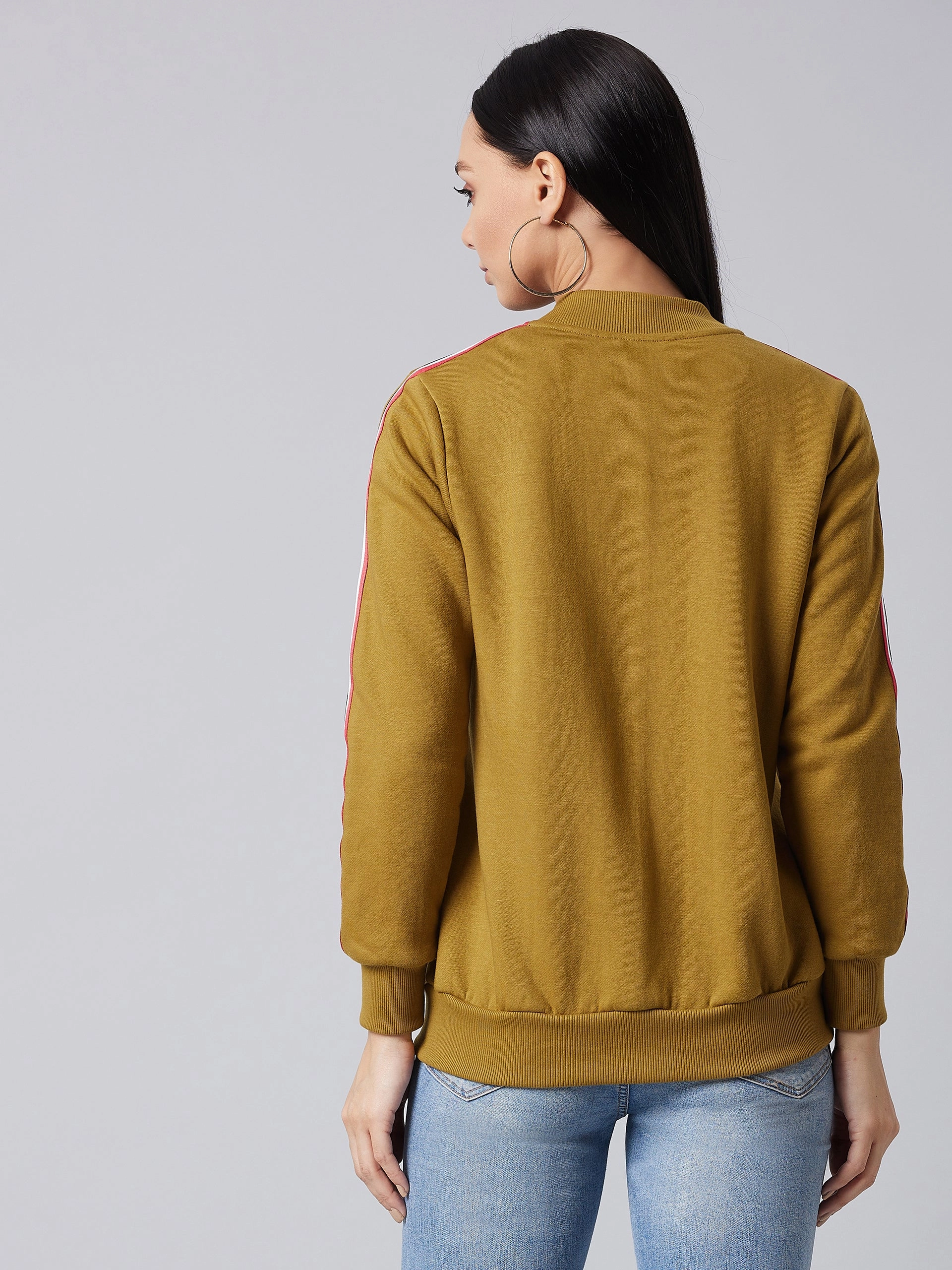 Women's Olive V-Neck Full Sleeve Solid Bomber Regular Jacket FlexibleFit