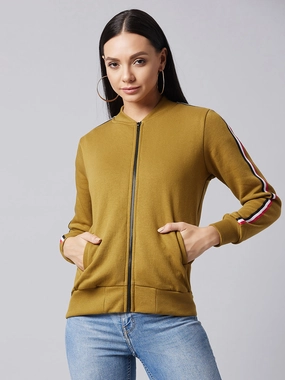 Women's Olive V-Neck Full Sleeve Solid Bomber Regular Jacket All Season Compatibility