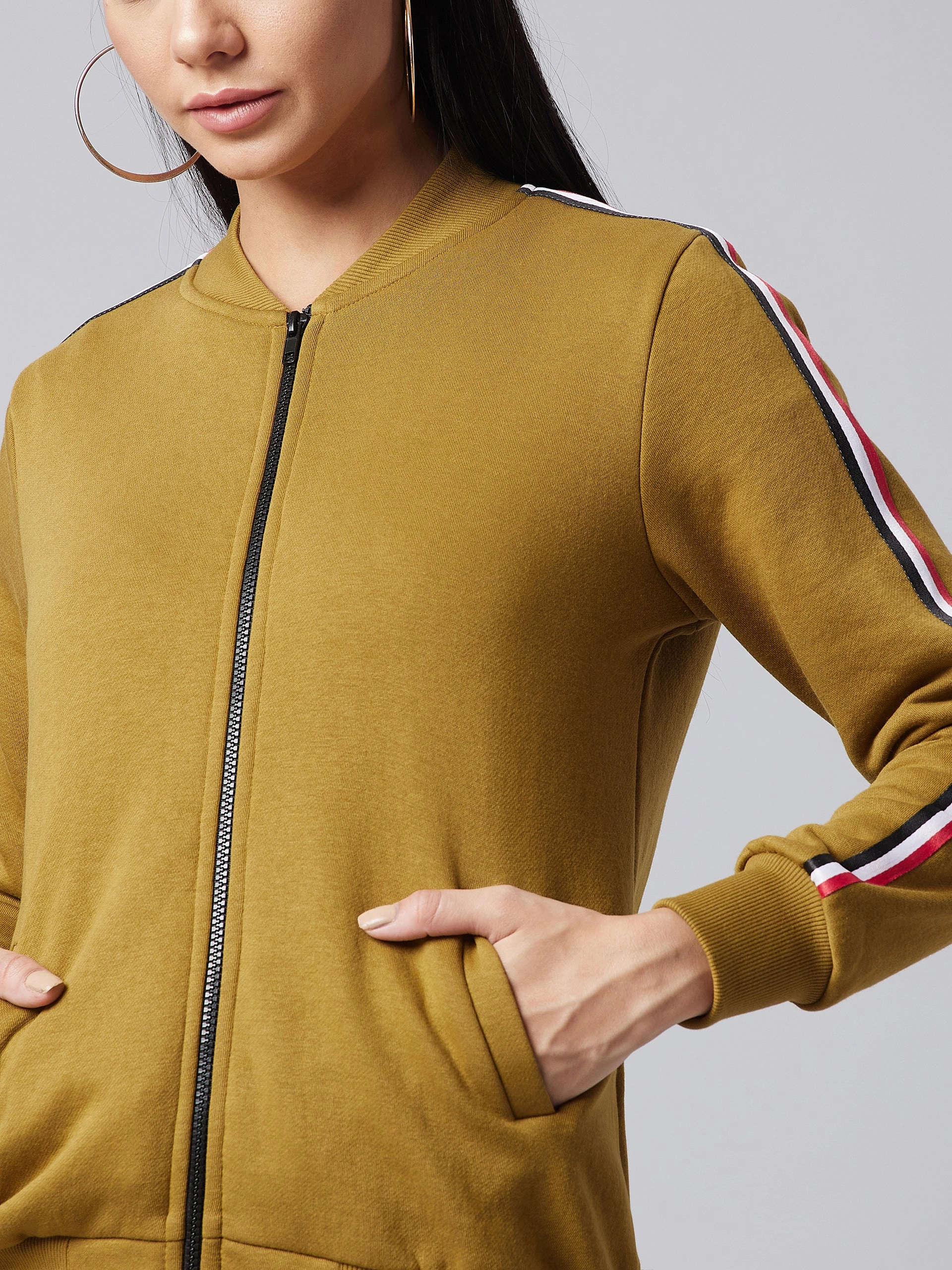 Women's Olive V-Neck Full Sleeve Solid Bomber Regular Jacket Stretchable Panels Flame retardant