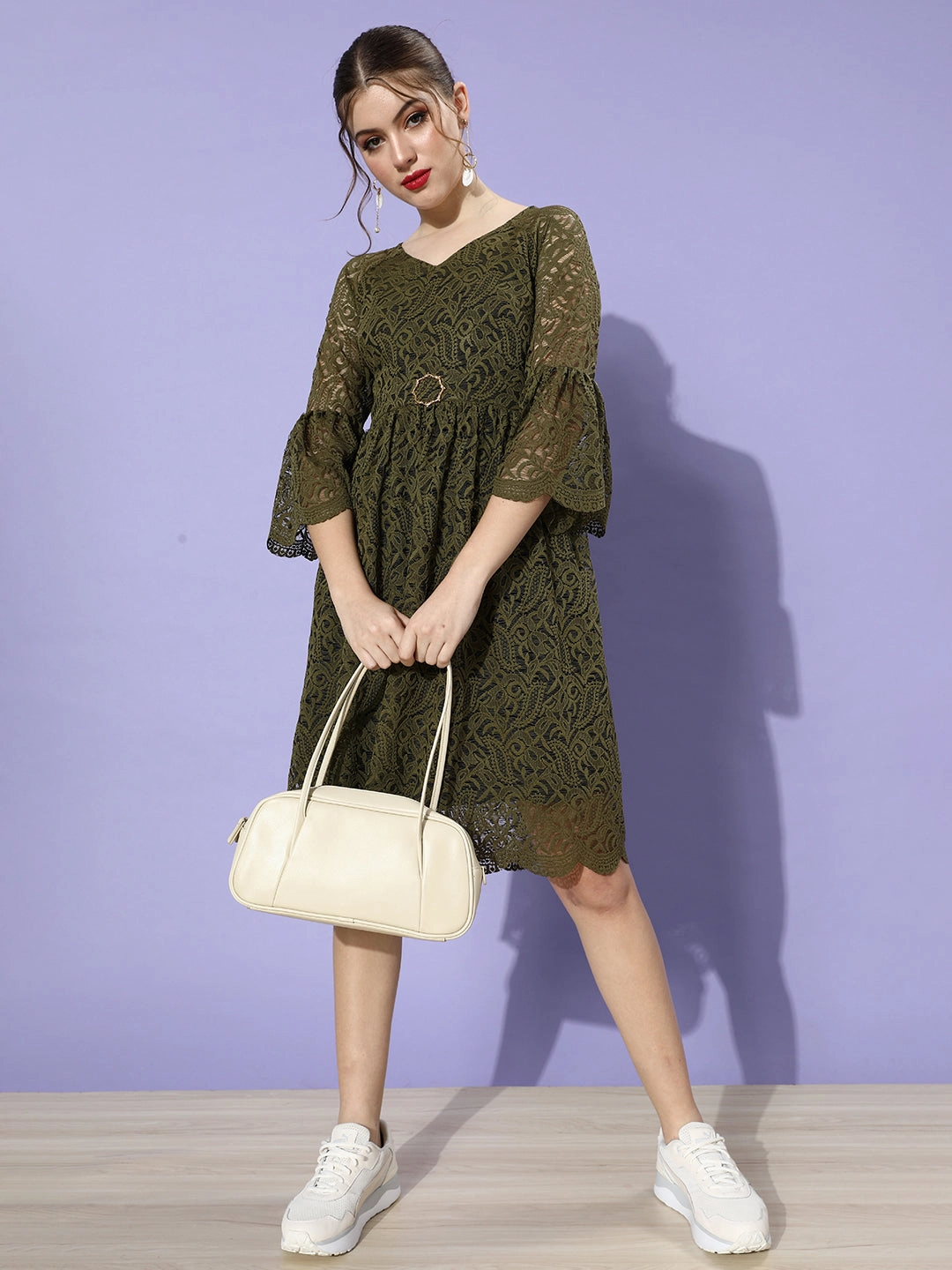 Women's Olive V-Neck Ruffled Sleeve Floral Lace Overlaid Midi Dress Scandi Light