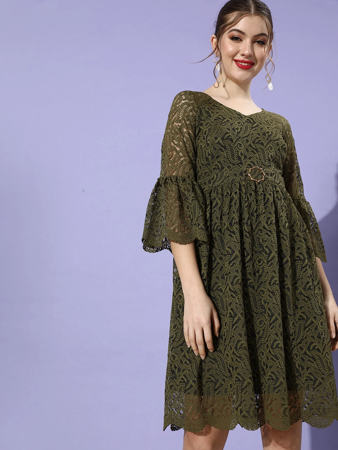 Perfect for Layering Women's Olive V-Neck Ruffled Sleeve Floral Lace Overlaid Midi Dress