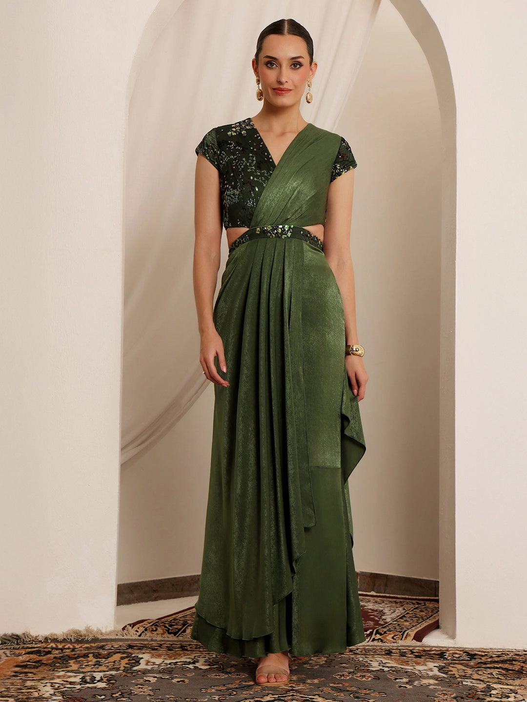 Women's Olive V-Neck Short-Sleeve Embellished Draped Maxi Velvet Dress Dinner Outfit Fine Texture