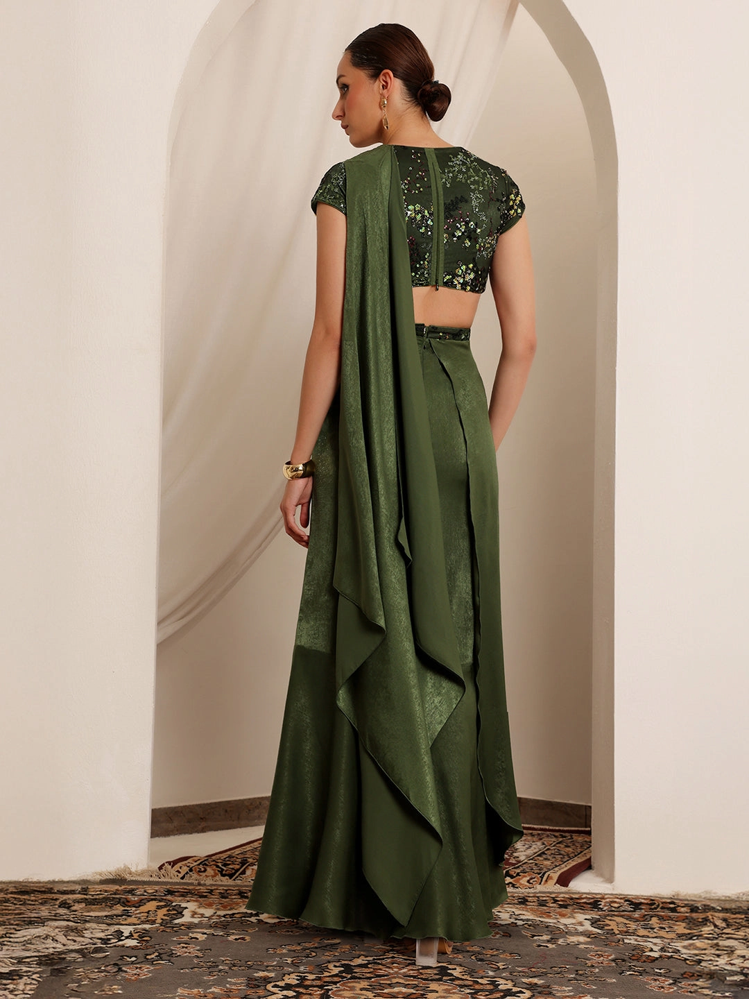 Happy Soul Warm Season Women's Olive V-Neck Short-Sleeve Embellished Draped Maxi Velvet Dress