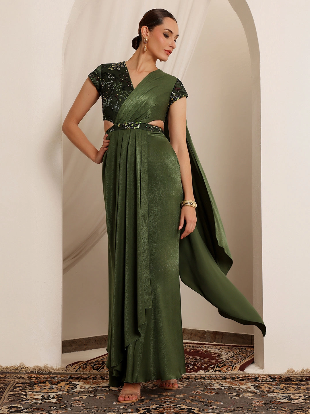 Mood Comfort Feminine Tailoring Women's Olive V-Neck Short-Sleeve Embellished Draped Maxi Velvet Dress