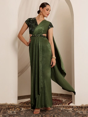 Mood Comfort Feminine Tailoring Women's Olive V-Neck Short-Sleeve Embellished Draped Maxi Velvet Dress