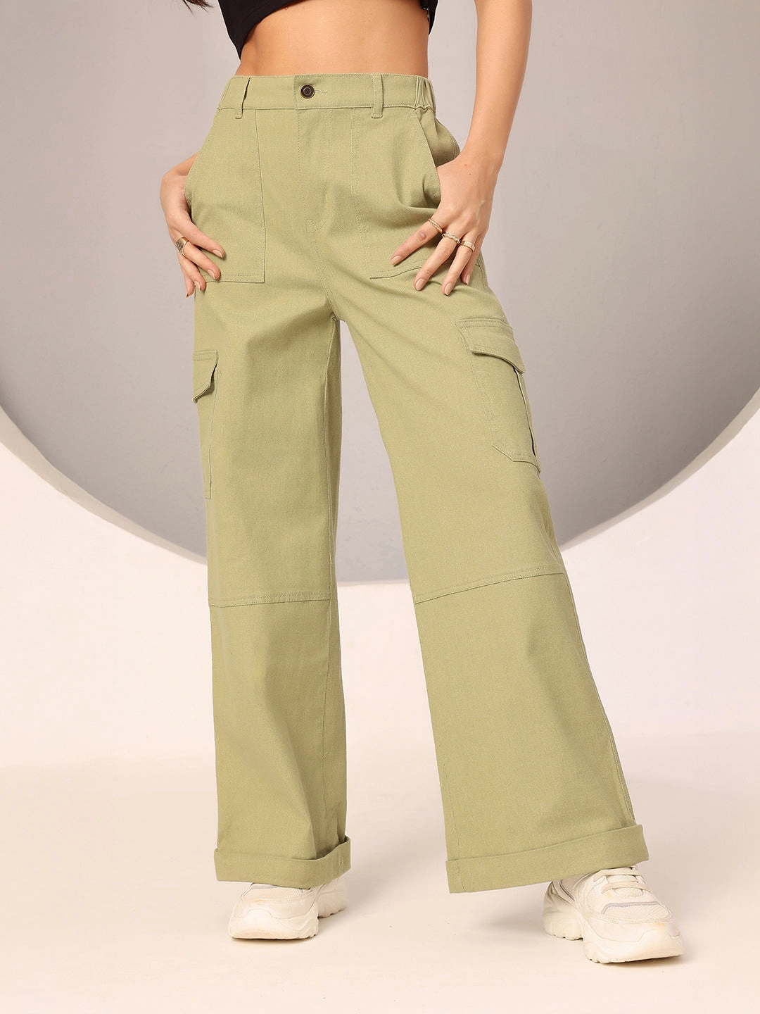 Women's Olive Wide-Leg High Rise Clean Look Regular Stretchable Denim Jeans Low Impact Processing