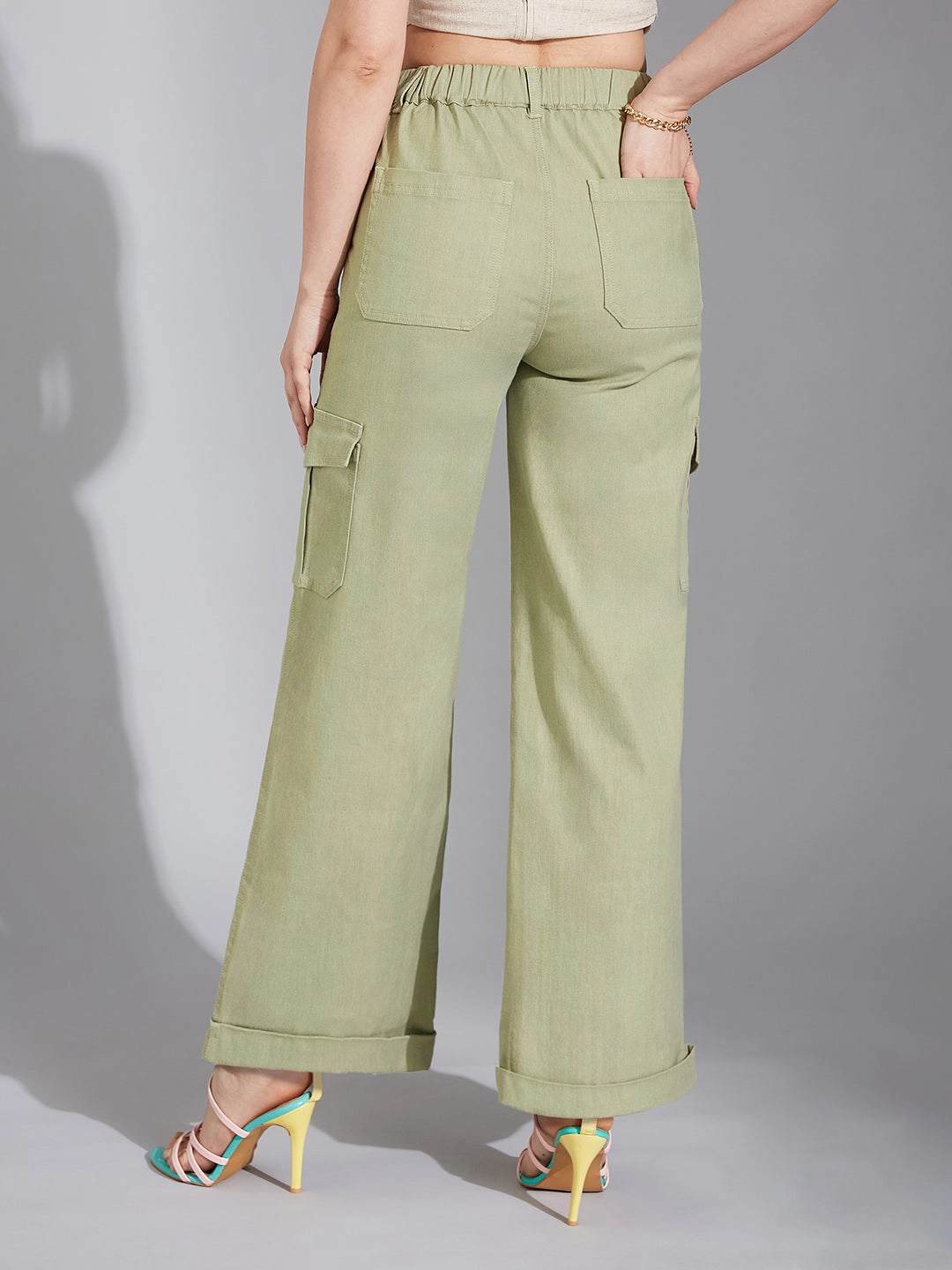 Low Maintenance Fabric Women's Olive Wide-Leg High-Rise Clean-Look Regular Stretchable Denim Jeans