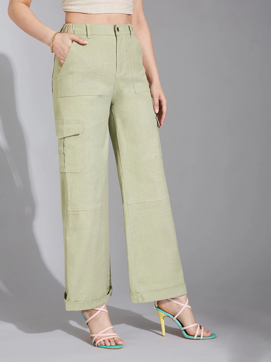 Neutral Smooth Weather Proof Women's Olive Wide-Leg High-Rise Clean-Look Regular Stretchable Denim Jeans