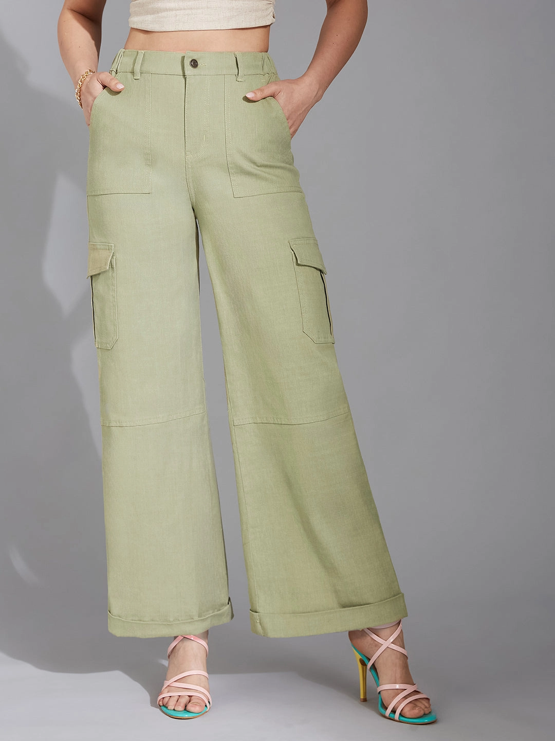 Women's Olive Wide-Leg High-Rise Clean-Look Regular Stretchable Denim Jeans Durable Streetwear Fan Premium High Quality Bold Look Summer Vibes