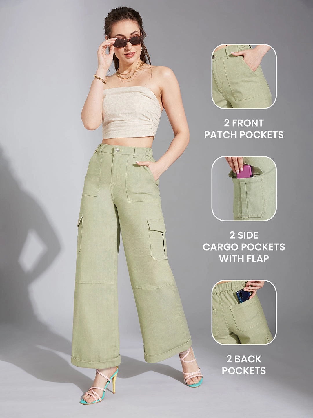 Breathable Lining Women's Olive Wide-Leg High-Rise Clean-Look Regular Stretchable Denim Jeans