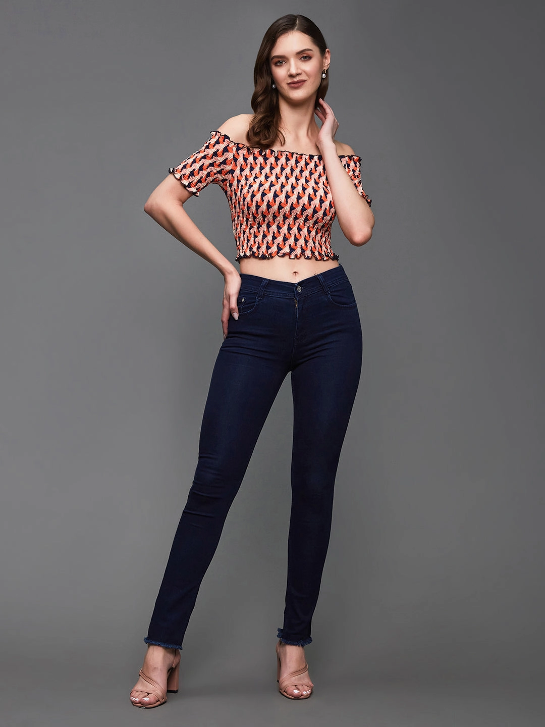 Casual dress Double Needle Hemming Women's Orange And Navy Bardot Half Sleeve Geometric Patterned Off Shoulder Smocked Crepe Crop Top
