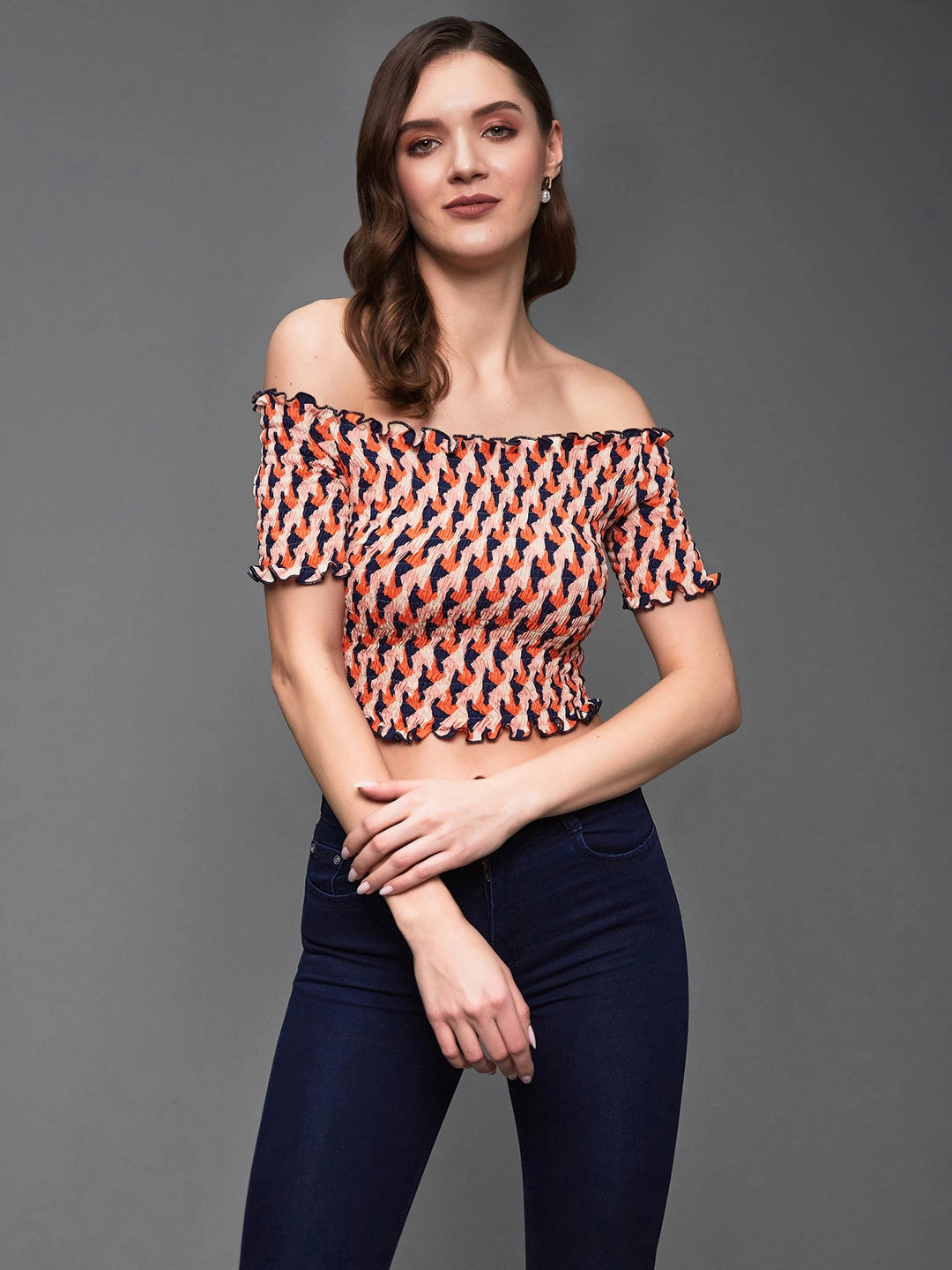 Women's Orange And Navy Bardot Half Sleeve Geometric Patterned Off Shoulder Smocked Crepe Crop Top Modular Layering System